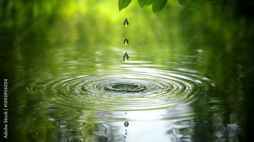 Poster a water drop falling into calm water creating ripples and reflections on a green surface.