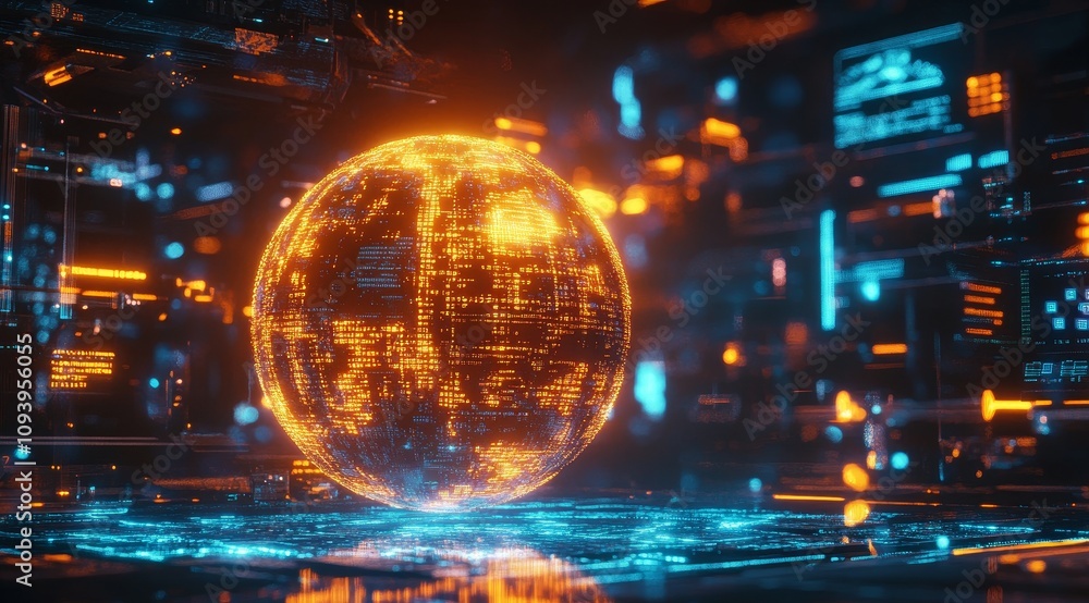 Poster a glowing orange sphere with digital data flowing around it in a futuristic environment.