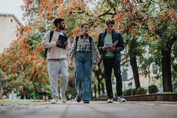 A group of students walking and discussing outdoors in a park with colorful autumn trees. They are engaged in conversation, holding books and enjoying a leisurely stroll.