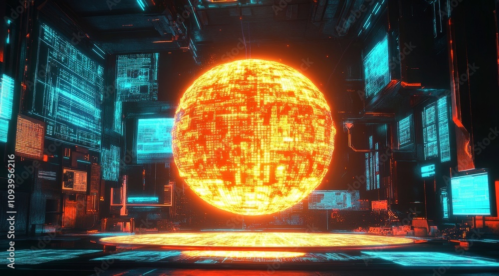 Poster A glowing orange sphere sits in the center of a futuristic room with screens displaying data.