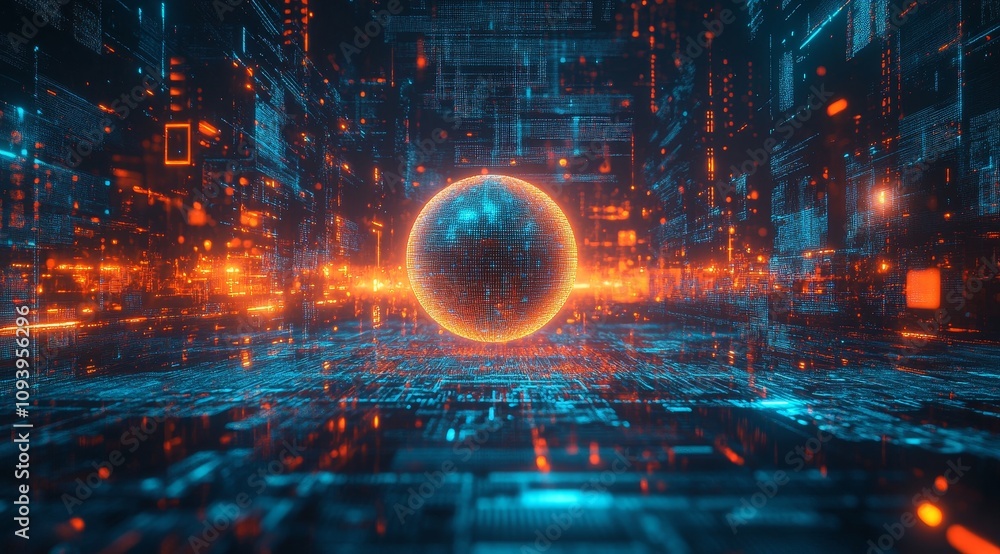 Poster Abstract digital sphere floating in a futuristic landscape, surrounded by glowing lines and data streams, representing the interconnectedness of technology.