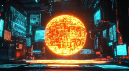 A glowing orange sphere sits in the center of a futuristic room with screens displaying data.