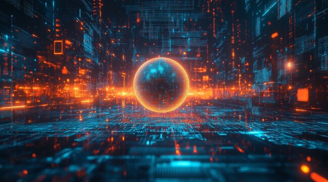 Abstract digital sphere floating in a futuristic landscape, surrounded by glowing lines and data streams, representing the interconnectedness of technology.