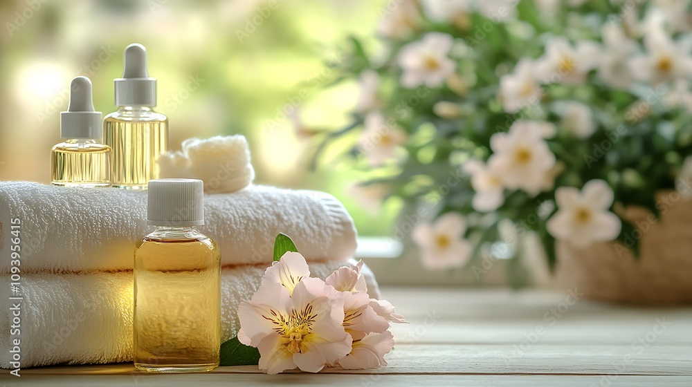 Poster relaxing spa ambiance with fragrant essential oils and soft towels : generative ai