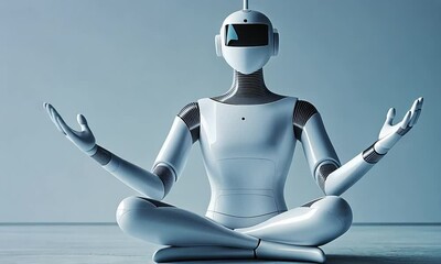 A serene white robot sits in a meditative yoga pose against a minimalist background.