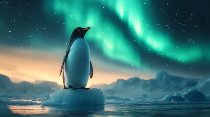 Obraz premium a lone emperor penguin standing confidently on an iceberg shaped like an upward arrow, symbolizing growth and strategic vision, with a glowing aurora in the sky, 