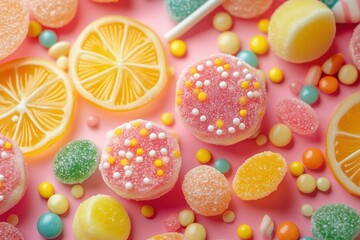 Fototapeta premium Colorful Gummy Candies and Lemon Slices on Pink Background - Sweet Treats Delight