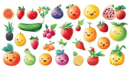 Collection of cute cartoon fruits and vegetables with happy faces.