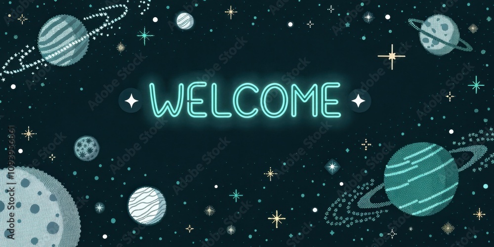 Aufkleber cosmic theme a dark space background sprinkled with pixelated planets and stars as a welcoming messa