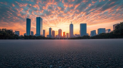 Fototapeta premium Asphalt road square and city skyline with modern buildings scenery at sunrise.