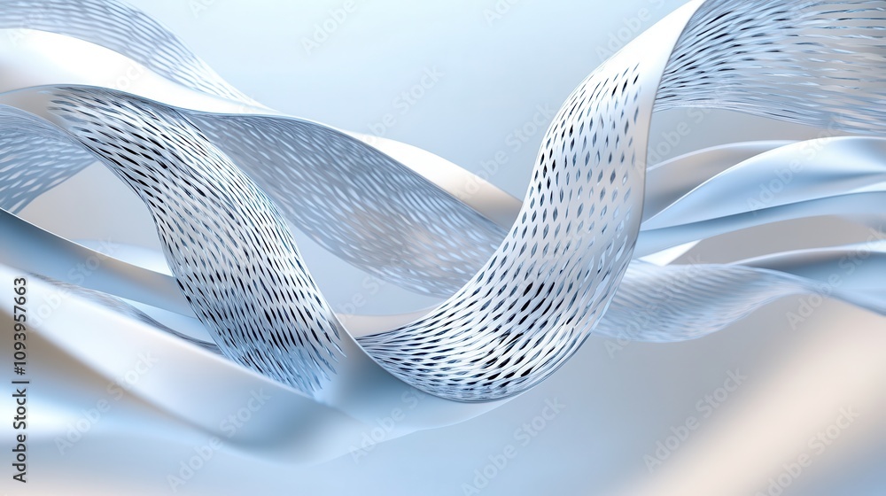 Poster intertwining chrome 3d strands with soft glow in dark void
