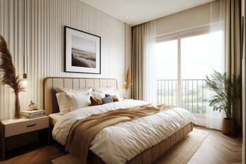 A modern bedroom with a large bed, a bedside table, a large window, a potted plant, and a framed picture on the wall.