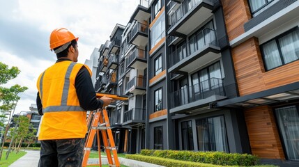 building maintenance.A construction worker in a safety vest and helmet inspects a modern building, standing on a ladder in a landscaped area.