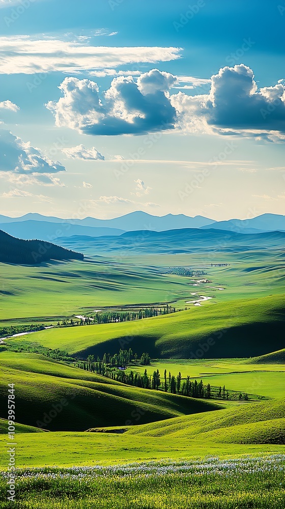 Poster Rolling Green Hills and Captivating Cloudscape in a Peaceful Valley : Generative AI