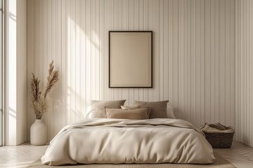 Minimalist bedroom interior with a bed, a large picture frame on the wall, a vase with dried flowers, a rug on the floor, and a wicker basket on the side.