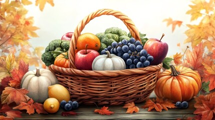 A wicker basket overflowing with autumn harvest bounty, including apples, grapes, pumpkins, broccoli, lemons, and blueberries.