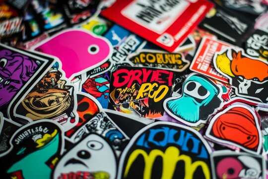 Colorful Sticker Collage: A Vibrant Mix of Pop Culture and Artistic Expressions