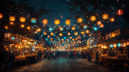 Night market street scene with colorful lanterns illuminating crowded walkway and food stalls.