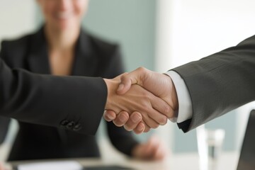business professionals shaking hands in a meeting to signify agreement or partnership