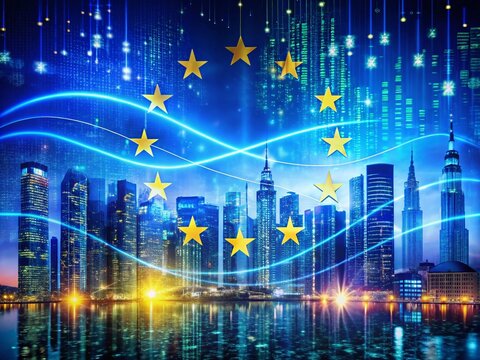 Panoramic Photography of European Union Flag Merging with Binary Code, Symbolizing Modern Technology and Digital Integration in Europe’s Future Landscape