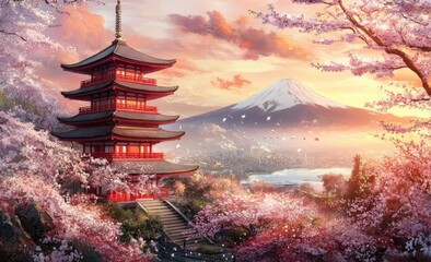A vibrant red pagoda stands against a backdrop of Mt. Fuji, shrouded in a soft, pink sunset. Cherry blossom trees frame the scene in a breathtaking display of nature's beauty.