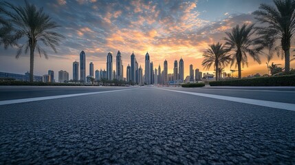 Asphalt road square and city skyline with modern buildings scenery at sunrise.
