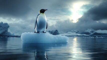 Fototapeta premium a lone emperor penguin standing confidently on an iceberg shaped like an upward arrow, symbolizing growth and strategic vision, with a glowing aurora in the sky, 