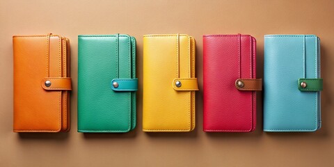 Panoramic View of a Colorful Wallet Collection in Flat Mockup Style for Stylish and Trendy Accessories Display