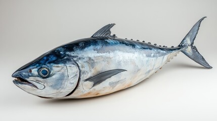 Close-up of a whole, raw bonito fish on a white background.