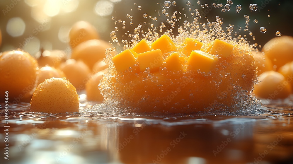 Aufkleber Exotic Mango Explosion Splash in Vibrant Water with Glowing Bokeh : Generative AI
