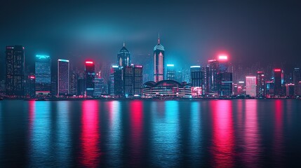 Fototapeta premium Night cityscape with vibrant neon lights reflected in calm water.