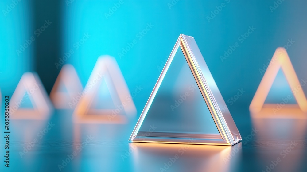 Poster 3d suspended triangular prisms with metallic and glass textures