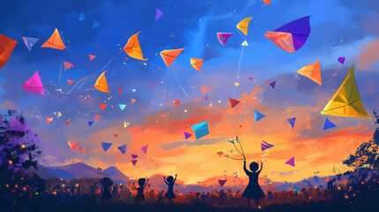 Childrens kite festival, enchanting sight of colorful kites gently drifting in the twilight sky, adding magic to the international childrens day festivities. Colorful Kite Festival. Illustration