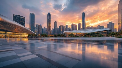 Obraz premium Asphalt road square and city skyline with modern buildings scenery at sunrise.