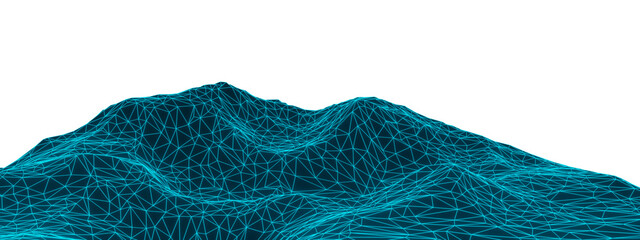 Fototapeta premium Blue grid neon mountain. Wireframe terrain