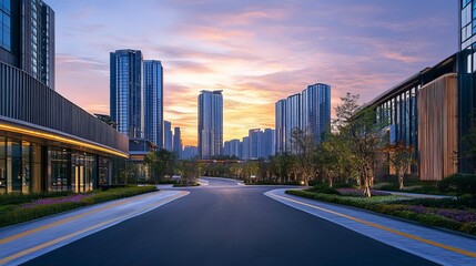 Obraz premium Asphalt road square and city skyline with modern buildings scenery at sunrise. Generative ai