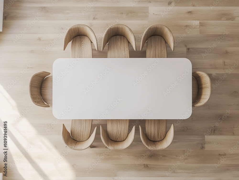 Poster Top view of a white rectangular dining table with six wooden chairs set around it in a light-filled modern interior.