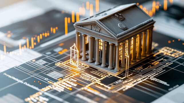 digital banking model with financial graphs and blueprints