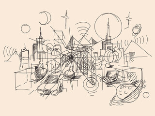 Obraz premium Doodle. Geometric shapes. Objects in perspective. Line sketch