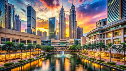 Obraz premium Panoramic View of Suria KLCC Shopping Mall in Kuala Lumpur, Showcasing Modern Architecture, Lush Surroundings, and Vibrant Shopping Atmosphere at Dusk