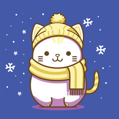 Naklejka premium Cute Cat in Winter Hat and Scarf