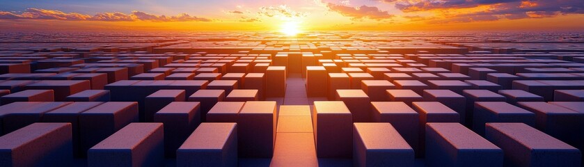 Obraz premium Abstract landscape featuring a vast array of 3D cubes at sunset, creating a mesmerizing visual effect with warm hues and geometric patterns against a tranquil sky and ocean backdrop.