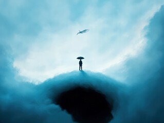 a person standing on a cloud with an umbrella under a surreal sky