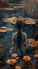 Woman Sitting by a Serene Water Lily Pond