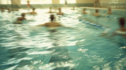 A dreamy defocused view of a water aerobics class in progress.
