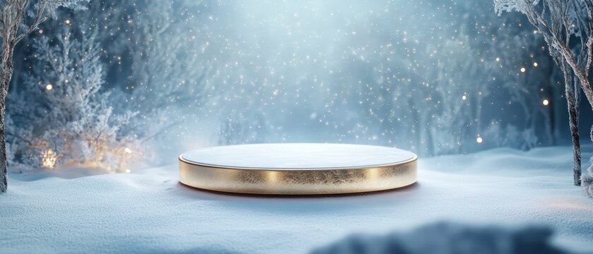 Abstract golden podium floating within a frosty aurora of shimmering holiday light, capturing a magical winter night