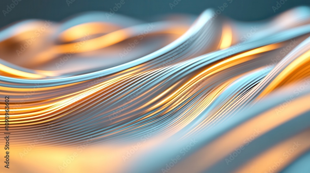 Poster intertwining waves of metallic textures with glowing light edges
