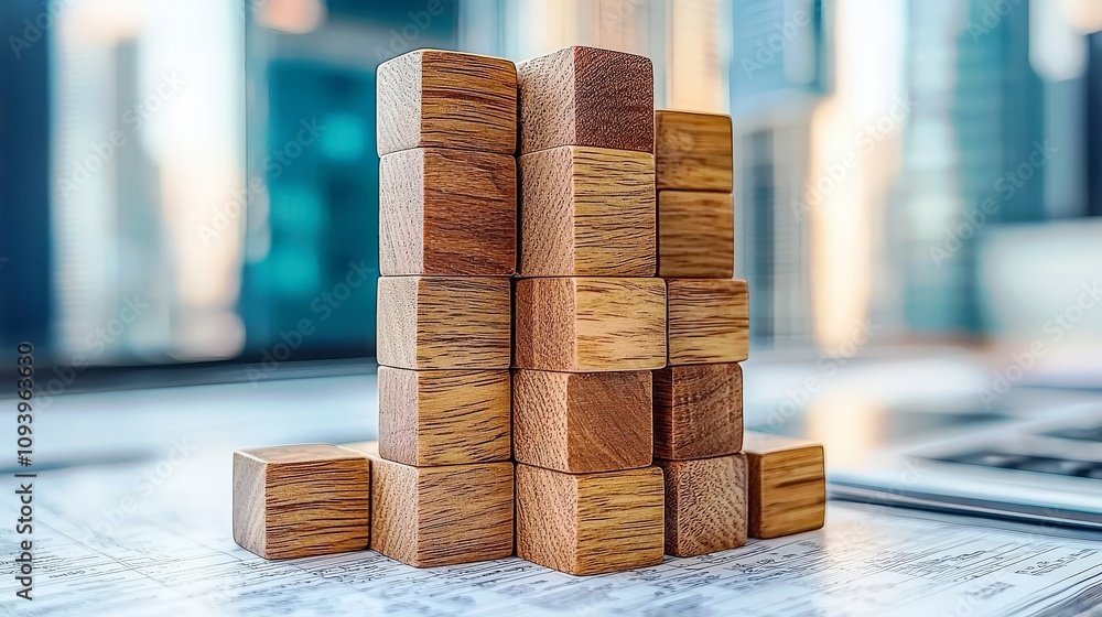 Poster Stacked Wooden Cubes on a Table With a Modern Urban Background Highlighting Abstract Geometry and Minimalist Design in a Professional Setting