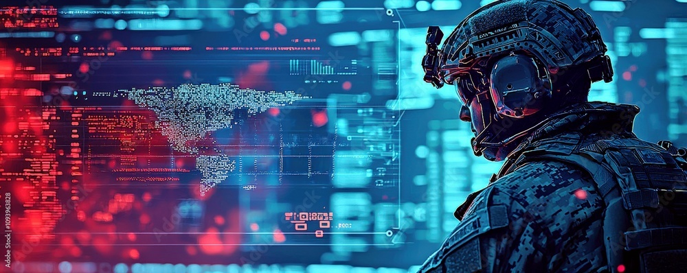 Poster futuristic soldier analyzing digital data with worldwide map displayed on high-tech screen in a cybe