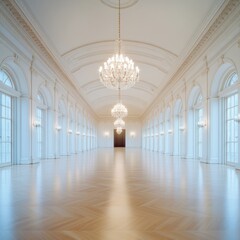 spacious and elegant interior with chandeliers and large windows